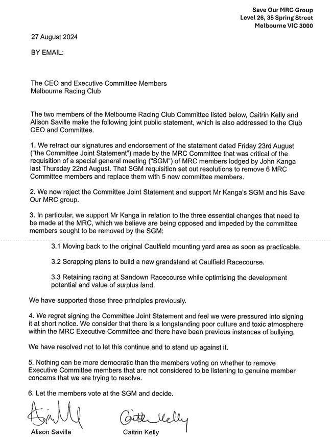 Alison Saville and Caitrin Kelly's letter, publicly released by the Save Our MRC Group. Picture: Supplied