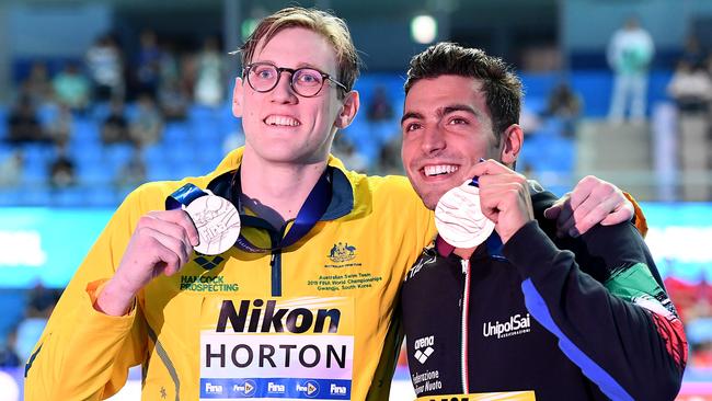 The silver medalist and bronze medallist Gabriele Detti of Italy pose with their medals. Picture: Getty Images