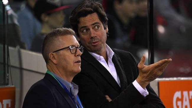 Steve Hocking and Gillon McLachlan. Picture: AAP Images