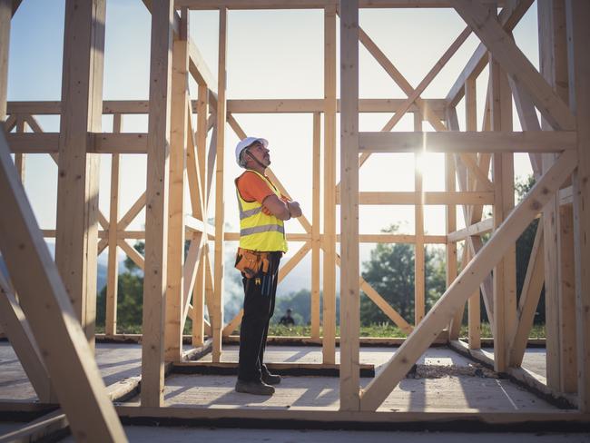 Shot of a senior builder working on wooden house in nature.