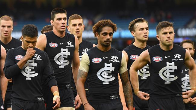 A dejected Blues outfit leaves the MCG. Pic: Getty Images