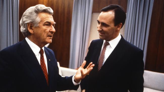 Paul Keating and Bob Hawke, in the Prime Minister’s Office, on one of their last days in Old Parliament House in 1988. Picture: Museum of Australian Democracy, Old Parliament House