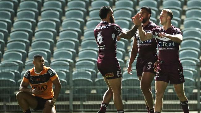 The Sea Eagles were lucky to get a scrappy win over an improved Broncos side after a poor second half. Picture: Getty Images.