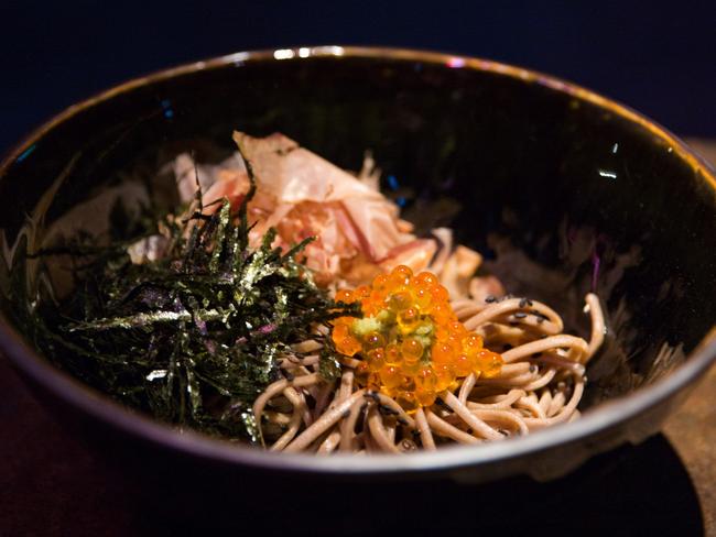 Chilled buckwheat soba, roe, bonito, wasabi, seaweed at Hot Sauce. Picture: Supplied.