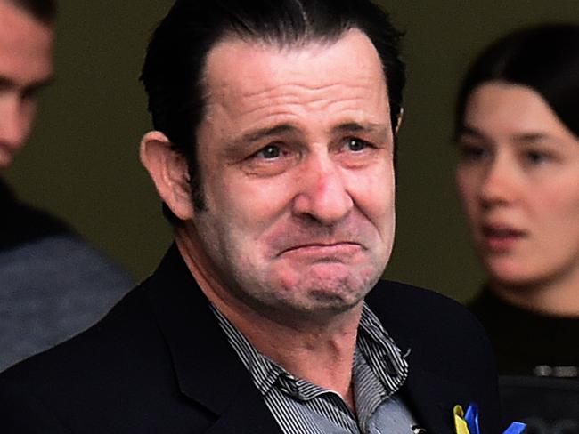 Cory Ryther, husband of murdered woman Joan Ryhter, reacts as he comes out of the Supreme Court in Brisbane, Monday, Aug. 8, 2016. Andrew Burke was found guilty of the 2013 rape and murder of Mrs Ryhter who was weeks pregnant at the time. (AAP Image/Dan Peled) NO ARCHIVING