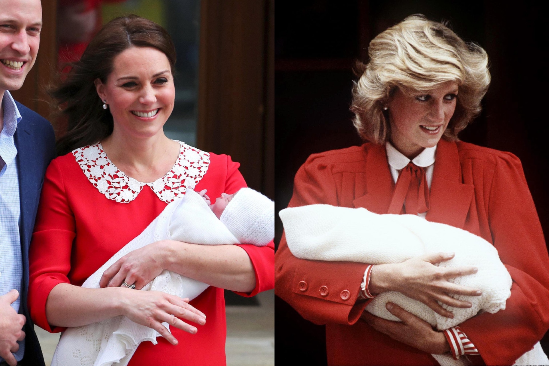 <h2>Princess Kate (2018) and Princess Diana (1984)</h2><p>From the contrasting collar and the vivid shade of red to the newborn second son, bundled up in white, many were moved by the Duchess of Cambridge's ode to Princess Diana when she introduced a baby Prince Louis to the world.</p>