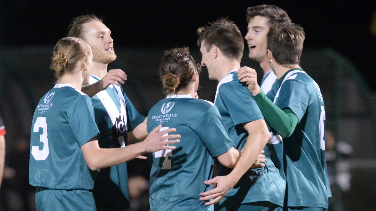 Frenchville players celebrate a goal in their win over Nerimbera, which has them three points clear on top of the CQ Premier League ladder. Photo: Jann Houley