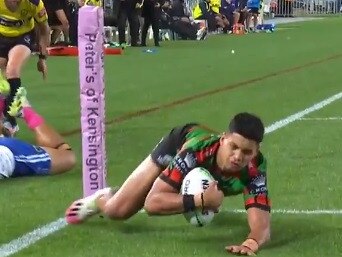 Jaxon Paulo was awarded the try despite his foot going into touch. Picture: Fox Sports.