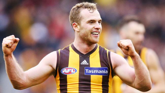 Tom Mitchell of the Hawks celebrates the win on the final siren during the round 20 match against the Bombers. Picture: Michael Dodge/Getty Images