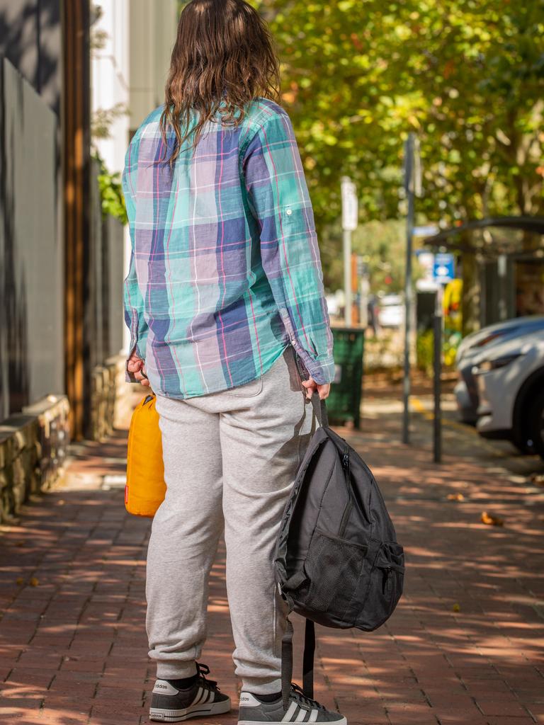 Tiffany with her belongings on Hutt Street, Adelaide. Picture: Ben Clark