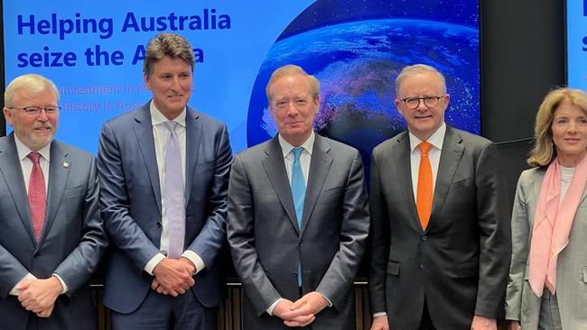 Ambassador Kevin Rudd, Microsoft Australia-NZ managing-director Steven Worrall, Microsoft President Brad Smith, Anthony Albanese and US Ambassador to Australia Caroline Kennedy at the announcement in Washington of a $5bn investment in artificial intelligence and cloud computing operations. Picture: Geoff Chambers