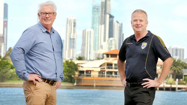 Geoff Smith (left) with Gold Coast United chairman Danny Maher. Picture: Mike Batterham