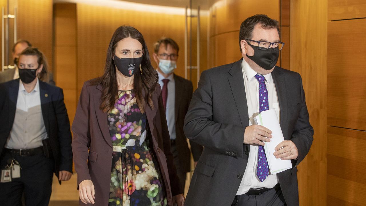 Prime Minister Jacinda Ardern, Deputy Prime Minister Grant Robertson and director general of health Dr Ashley Bloomfield. Picture: Getty Images