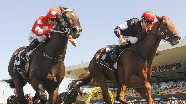 Written By, right, had to dig deep to hold out Sandbar in a thrilling finish. Picture: Simon Bullard