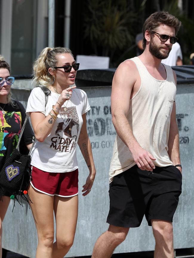 Miley Cyrus and Liam Hemsworth on the Gold Coast last month. Picture: Nigel Hallett