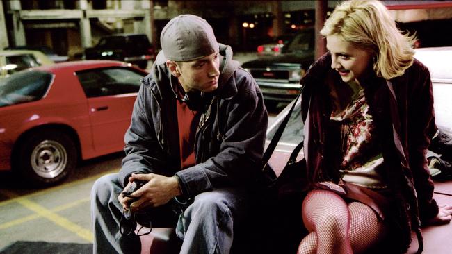 Rapper Eminem and Brittany Murphy in scene from <i>8 Mile.</i>