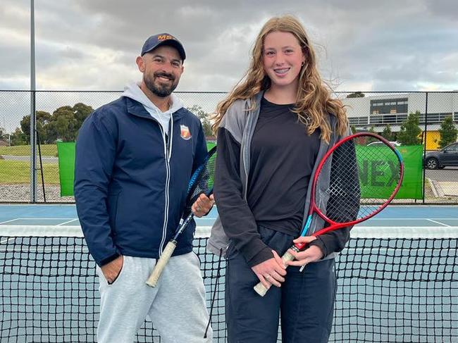 Maribyrnong tennis coach Marc Sophoulis with emerging talent Bridget Mihulka. Picture: Supplied