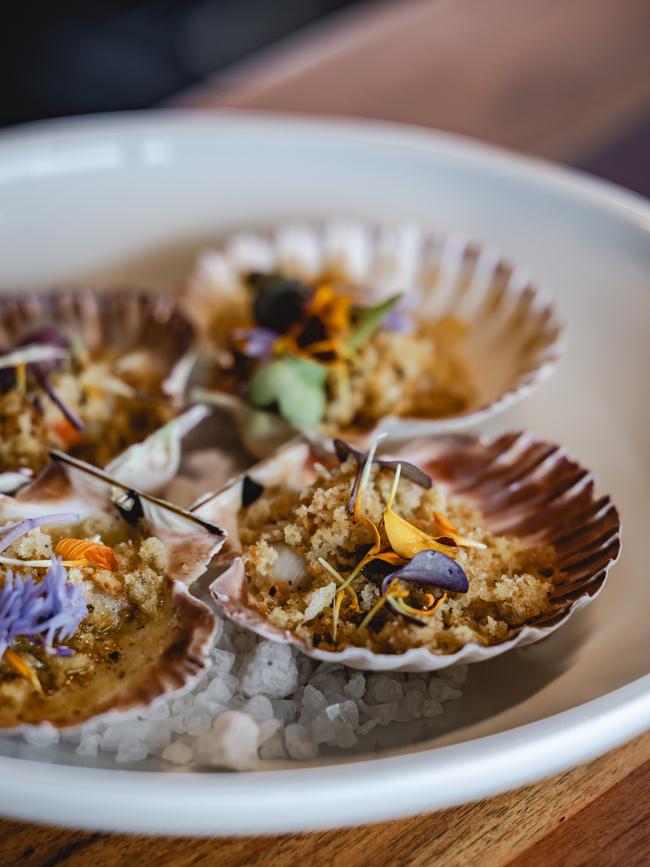 Baked scallops from Tolpuddle Vineyard. Picture: Dearna Bond