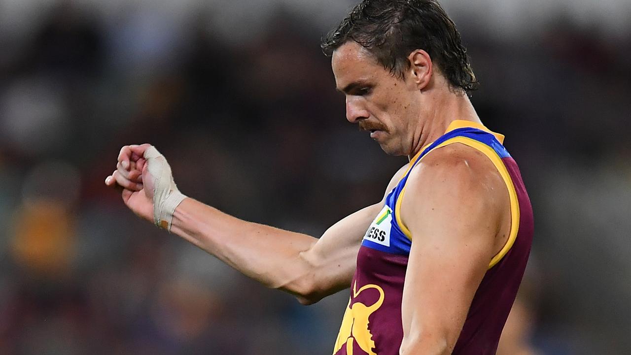 BRISBANE, AUSTRALIA - APRIL 14: Joe Daniher of the Lions kicks a goal during the round five AFL match between the Brisbane Lions and the Collingwood Magpies at The Gabba on April 14, 2022 in Brisbane, Australia. (Photo by Albert Perez/AFL Photos/Getty Images)