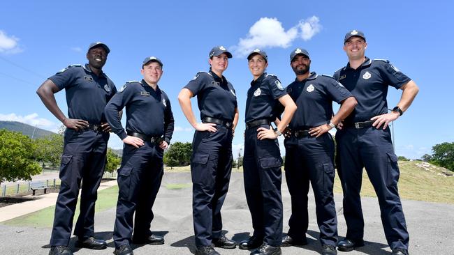 New police recruits at the Townsville Stadium. Recruits Deng Mading, Lachlan Giarrusso, Sian French, Sam (Samantha) Menteith, Narender Kolan and Jesse Kinbacher. Picture: Evan Morgan