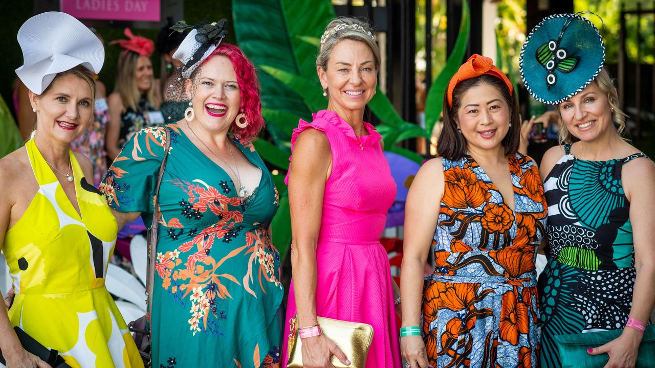 Nicole Wheeler, Crystal Brunyke, Shaye Hatty, Susannah Vong and Nicky Westaway at the 2021 Darwin Cup Carnival Bridge Toyota Ladies' Day. Picture: Che Chorley