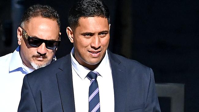 Former Queensland and Gold Coast Titans player Oshae Jackson Tuiasau arrives to Brisbane Supreme court with family and friends. Picture: NewsWire / John Gass