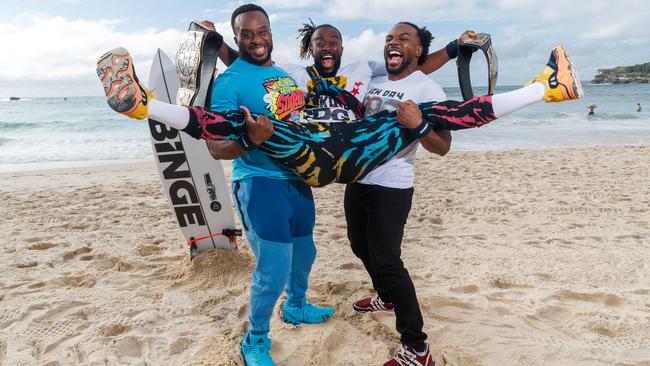 The New Day WWE Tag Team: Big E, Kofi Kingston and Xavier Woods at Bondi Beach. Picture: David Swift.