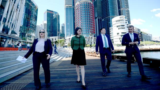 Former Crown executive chair Helen Coonan, NSW Premier Gladys Berejiklian, Steve McCann and NSW minister Rob Stokes visit Crown Sydney at Barangaroo. Picture: NCA NewsWire / Jeremy Piper