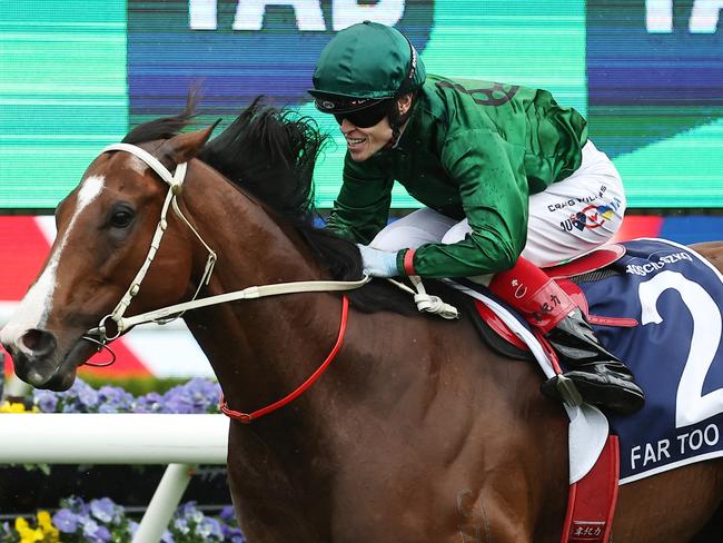 SYDNEY, AUSTRALIA - OCTOBER 19: Craig Williams riding Far Too Easy wins Race 5 The Kosciuszko during Sydney Racing - The Everest Day at Royal Randwick Racecourse on October 19, 2024 in Sydney, Australia. (Photo by Jeremy Ng/Getty Images)