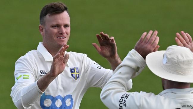 HOVE, ENGLAND - APRIL 07: Matt Kuhnemann of Durham celebrates with Ben Raine after dismissing George Garton of Sussex during the LV= Insurance County Championship Division 2 match between Sussex and Durham at The 1st Central County Ground on April 07, 2023 in Hove, England. (Photo by Mike Hewitt/Getty Images)