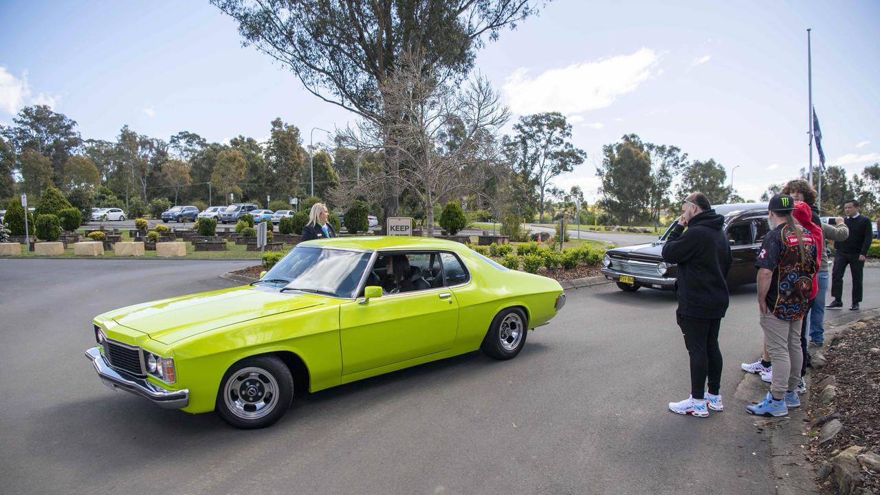 A vintage car arrives at the funeral. Picture: NCA NewsWire / Simon Bullard