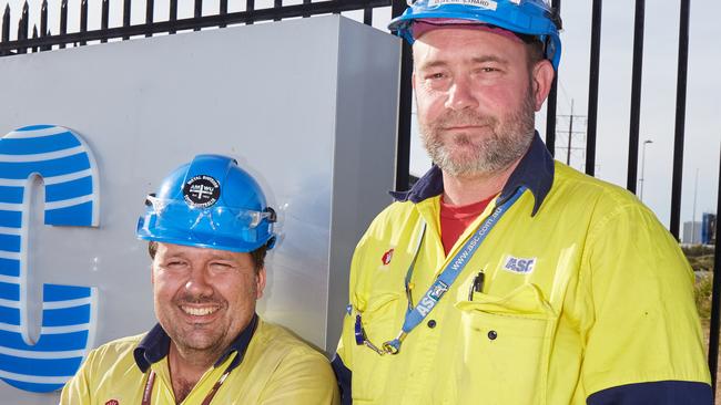 Workers Glen Dallimore and Dave Coulthard are optimistic about the construction of offshore patrol vessels at ASC in Osborne. Picture: MATT LOXTON