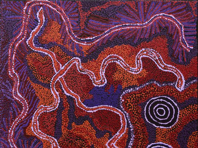 EMBARGO FOR TWAM 18 FEBRUARY 2023. FEE MAY APPLY. The last painting done by  Rhoda Tjiyayi at Ernabella studio in the APY Lands in 2018  before she went down to Adelaide to Skye O'Meara's studio and to Adelaide for cancer treatment. Photo: Supplied