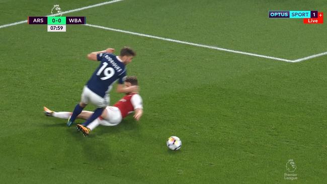 Mustafi takes out Jay Rodriguez.