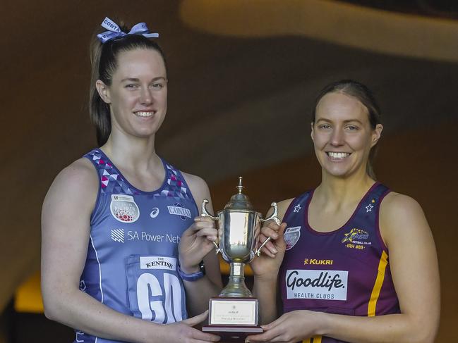 Netball SA Premier League grand final preview.Chelsea Blackman L contaxHannah Schwarz L MatricsPictured at Adelaide Railway station.Tuesday 9 August 2022 Pic Roy VanDerVegt