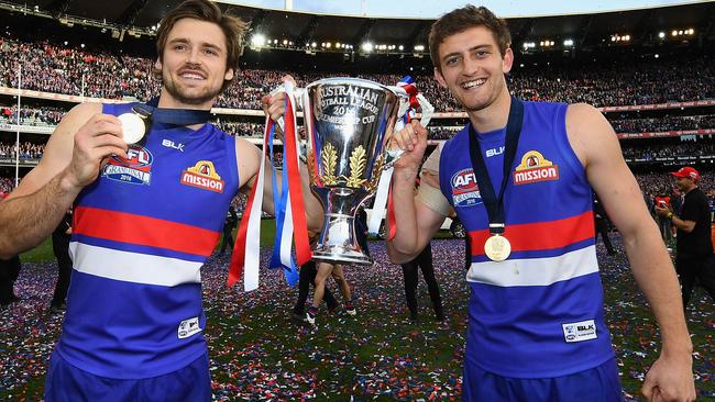 Joel Hamling and Fletcher Roberts celebrates the Western Bulldogs 2016 premiership.