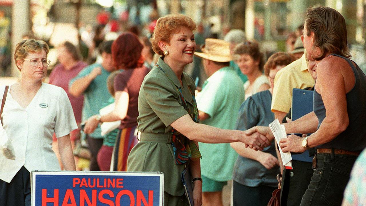 Just arrived: Pauline Hanson meeting locals after winning the seat of Oxley in the 1996 federal election. Picture: David Kelly.