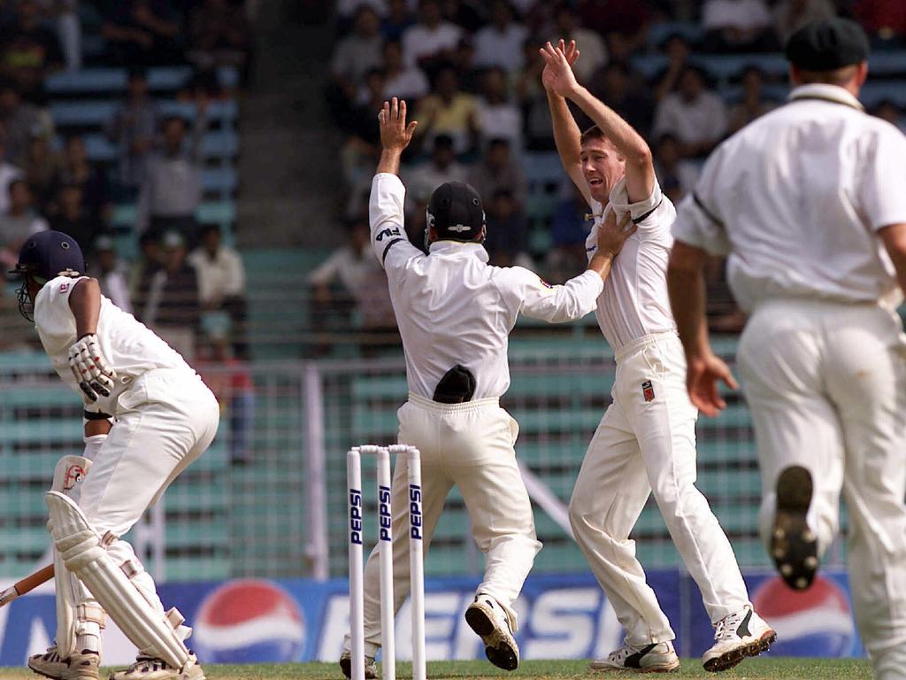 Glenn McGrath celebrates a wicket on Australia’s 2001 tour of India.