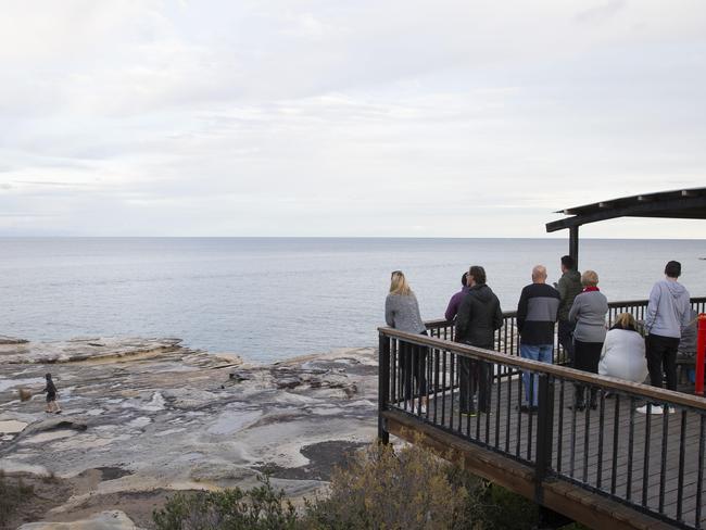 Whale watchers at the cliff at Cape Solander in Kurnell where a man fell to his death. Picture: Damian Shaw