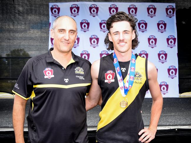 Nathan Wright (right) won best on ground in the QAFL Colts 2021 grand final. Photo: Deion Menzies