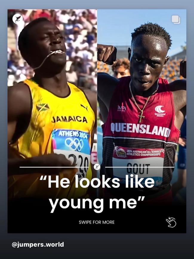 Gout Gout's Instagram story reposting Bolt's comments