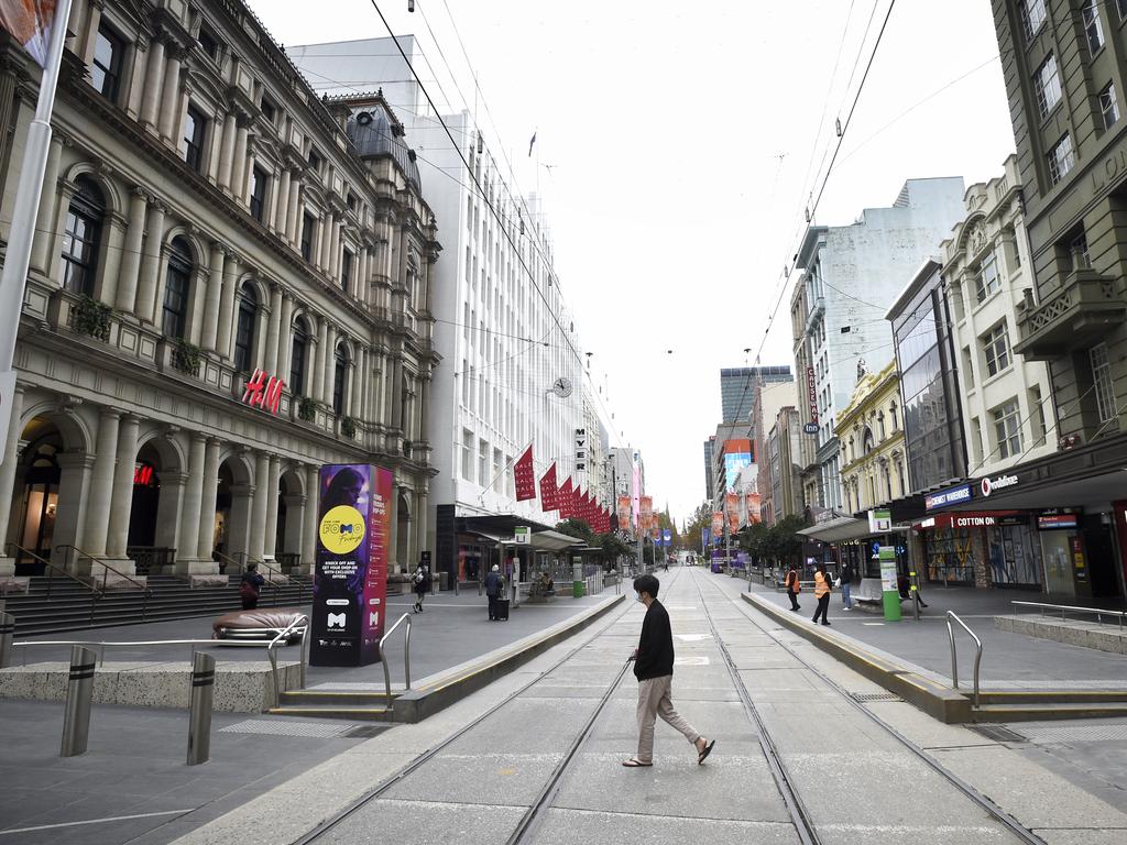 Melbourne’s Bourke Street Mall is almost empty during the morning peak on the first day of the state’s fourth lockdown. Picture: NCA NewsWire / Andrew Henshaw