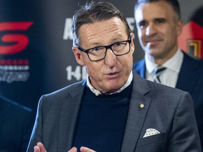 Supercars Director Mark Skaife speaks to media watched by Premier Peter Malinauskas and  Supercars Chairman Barclay Nettlefold during the announcement and the official signing for the Adelaide 500 at the State Administration Centre Media Room Thursday,June,23,2022.Picture Mark Brake