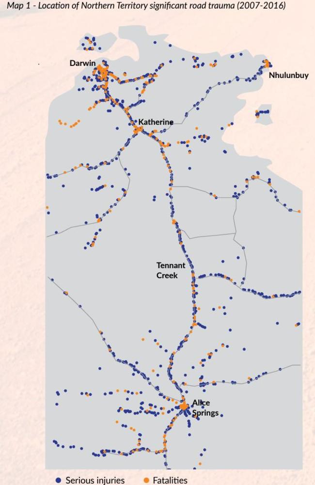 The NT Road Safety Action Plan mapped out the location of all major crashes, including fatalities and serious injuries in the NT between 2007 to 2016.