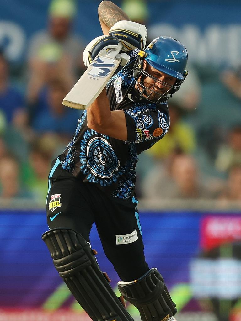 Jake Weatherald drives for four for the Adelaide Strikers against the Sydney Thunder at Canberra’s Manuka Oval last week. Picture: Mark Metcalfe/Getty Images