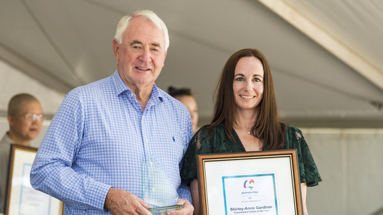 Former TRC Mayor Paul Antonio presents Shirley-Anne Gardiner the Toowoomba District Citizen of the Year award on Australia Day 2021 at Picnic Point.