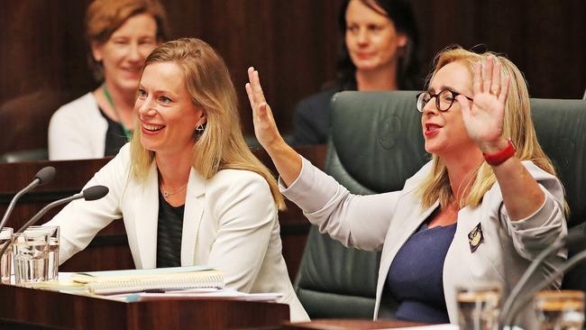 Labor leader Rebecca White alongside Labor member Michelle O'Byrne during question time in state parliament. Picture: ZAK SIMMONDS