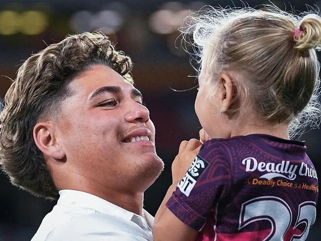 An Instagram post by Brisbane Broncos player Reece Walsh with his daughter Leila. Photo: Instagram.