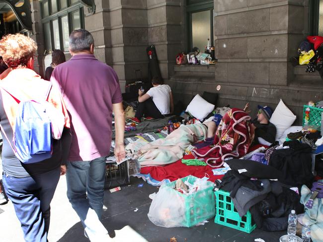 Homeless camp in Flinders St. Thursday, Jan 19. 2017. Picture: David Crosling