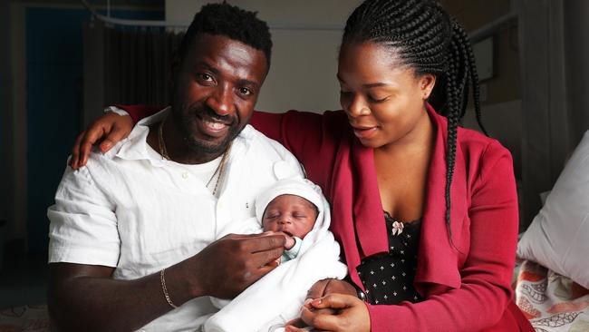 Baby Peterson with parents Peter and Esther Songa. Baby Peterson was born on New Year's Day at the Royal Hobart Hospital. Picture: NIKKI DAVIS-JONES